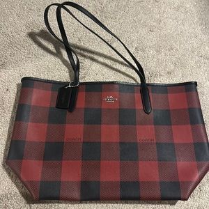 Coach red and black plaid tote